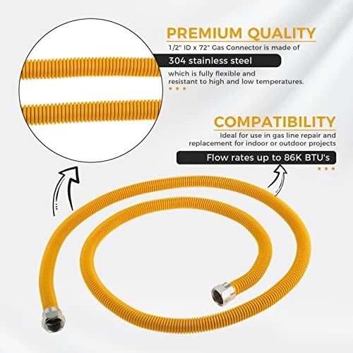 72" Flexible Stainless Steel Gas Line For Dryer, Garage Heaters, Gas Stoves, Water Heater; 5/8" OD (1/2" ID) Gas Flex Line With 1/2" FIP X 1/2" MIP X 3/4" MIP Fittings,Natural Gas Connector Hose 7 72" Flexible Stainless Steel Gas Line For Dryer, Garage Heaters, Gas Stoves, Water Heater; 5/8" OD (1/2" ID) Gas Flex Line With 1/2" FIP X 1/2" MIP X 3/4" MIP Fittings,Natural Gas Connector Hose - Image 5