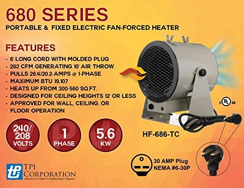 TPI Corporation HF686TC Fan Forced Portable Heater – Corrosion Resistant, Easy Installation, 5600/4200W. Space Heating Equipment 8 TPI Corporation HF686TC Fan Forced Portable Heater – Corrosion Resistant, Easy Installation, 5600/4200W. Space Heating Equipment - Image 6