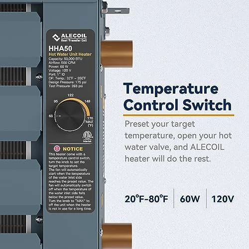 ALECOIL 50,000 BTU Hydronic Hot Water Hanging Unit Heater With Water Temperature Control Switch HHA50 Water To Air Heat Exchanger With Fan For Outdoor Wood Furnaces, Garage And Warehouse Heating 5 ALECOIL 50,000 BTU Hydronic Hot Water Hanging Unit Heater With Water Temperature Control Switch HHA50 Water To Air Heat Exchanger With Fan For Outdoor Wood Furnaces, Garage And Warehouse Heating - Image 3