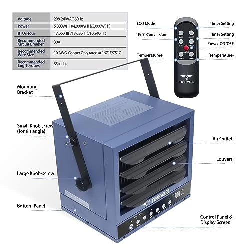TEMPWARE Electric Garage Heater, 5000-Watt Digital Fan-Forced Ceiling Mount Shop Heater With Full-Function Remote, 240-Volt Hardwired Heater With 12-Hour Timer, Ideal For Workshop 8 TEMPWARE Electric Garage Heater, 5000-Watt Digital Fan-Forced Ceiling Mount Shop Heater With Full-Function Remote, 240-Volt Hardwired Heater With 12-Hour Timer, Ideal For Workshop - Image 6