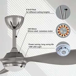 Reiga 52-in Silver Smart Ceiling Fan With Dimmable LED Light Kit Remote Control, Modern 3 Blades Propeller Ceiling Fans Reversible Quiet DC Motor, 6-speed, Timer -Heaters Sales Store 51v23SswxVL