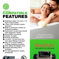 SpaGuts 25-150-0001 Universal Inline Bath Heater Kit, 1.5KW, 110V, 7x1.5 Inches, With Built-in Pressure Switch 11 SpaGuts 25-150-0001 Universal Inline Bath Heater Kit, 1.5KW, 110V, 7x1.5 Inches, With Built-in Pressure Switch -Heaters Sales Store 51yd0Pt3k5L