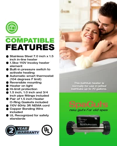 SpaGuts 25-150-0001 Universal Inline Bath Heater Kit, 1.5KW, 110V, 7x1.5 Inches, With Built-in Pressure Switch 7 SpaGuts 25-150-0001 Universal Inline Bath Heater Kit, 1.5KW, 110V, 7x1.5 Inches, With Built-in Pressure Switch - Image 5